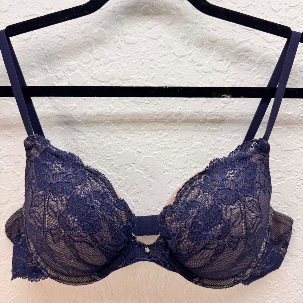 Maidenform Comfort Devotion Womens 36B Navy Blue Lace Push Up Bra Style 09443